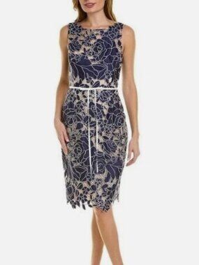 Marchesa Notte Semi-Sheer Floral-Lace Midi Dress - Blue - size 4